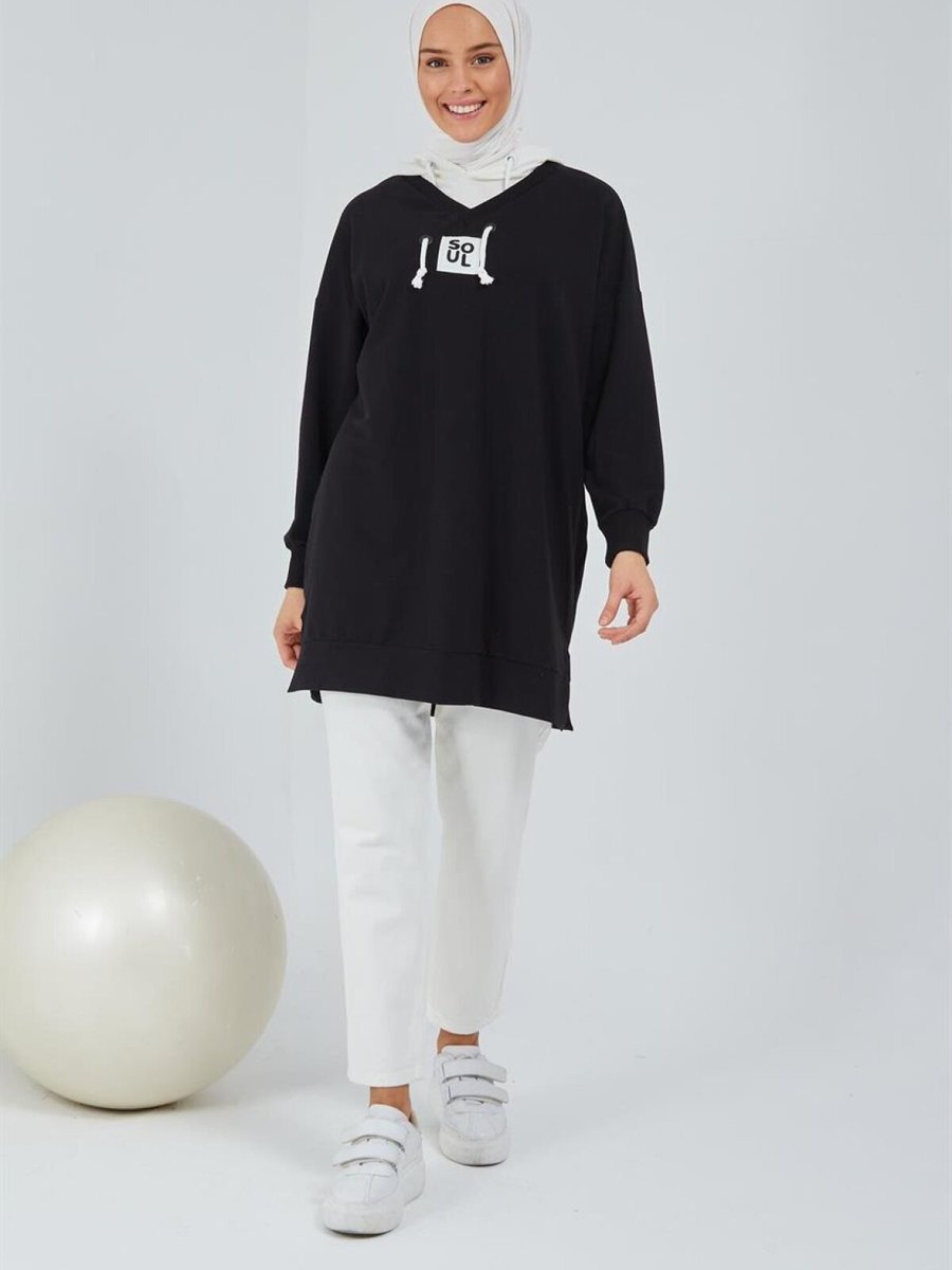 meqlife Siyah Kapüşonlu İp Detaylı Sweatshirt