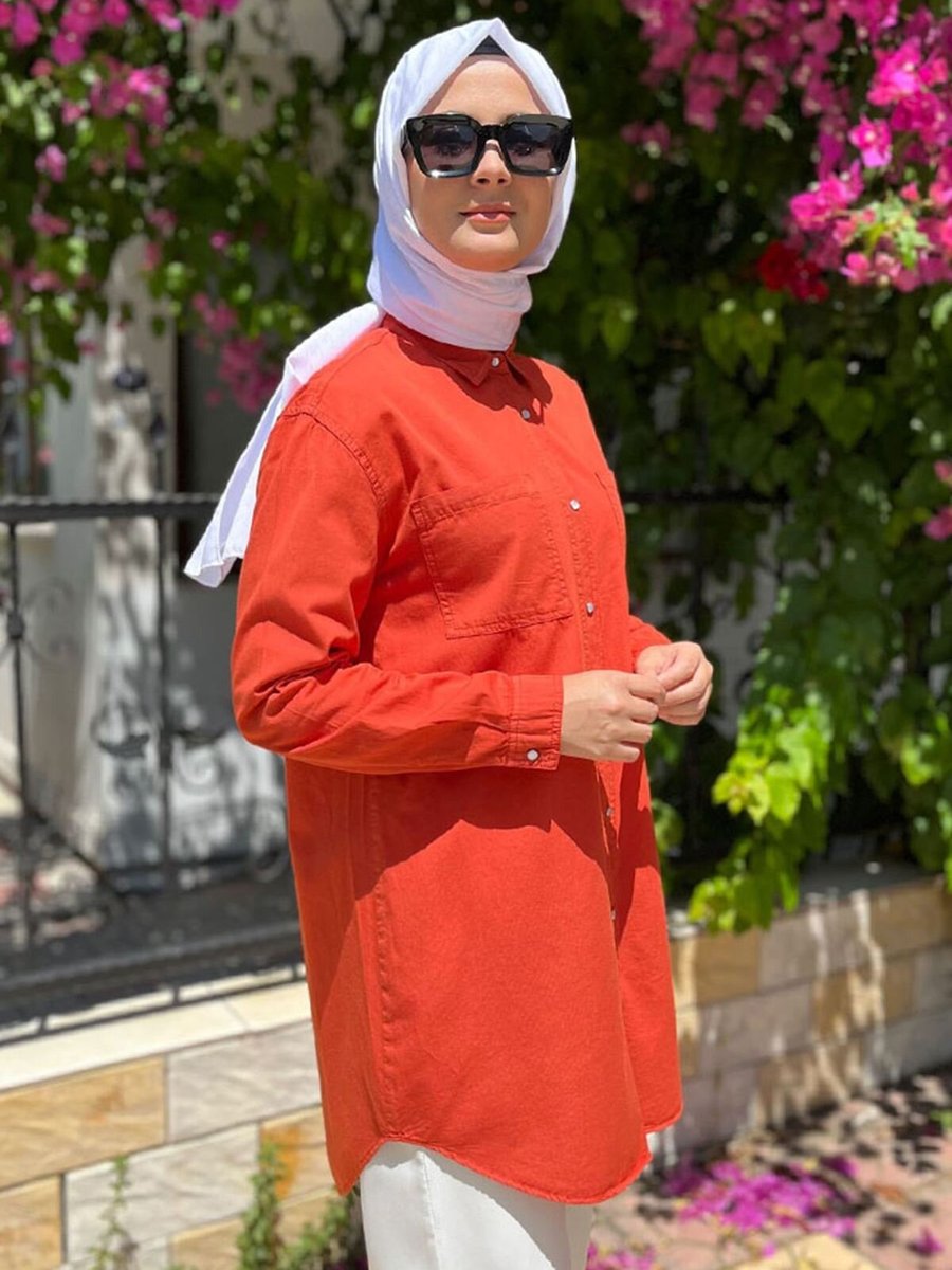 Moda Rosa Kiremit Çıtçıtlı Tensel Kot Gömlek