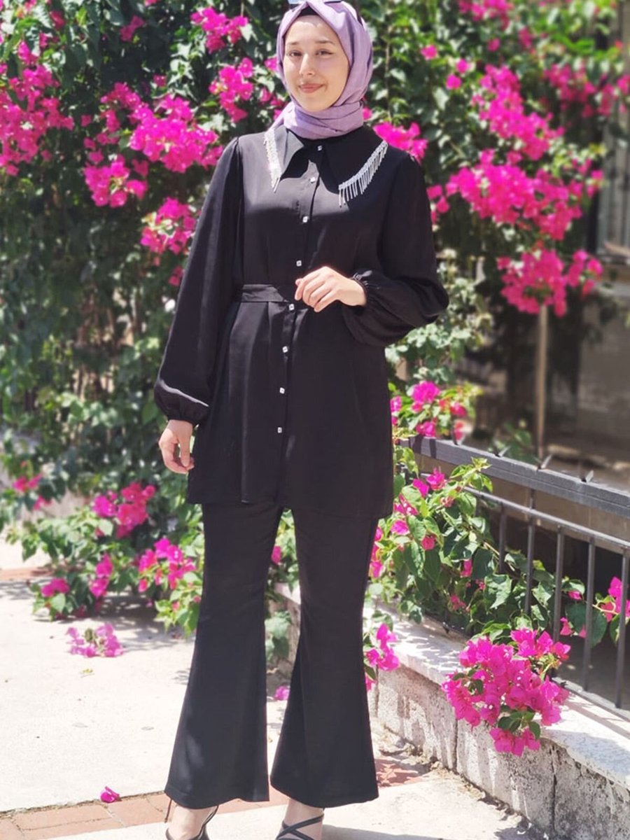 Moda Rosa Siyah Jolie Taşlı Saten Takım