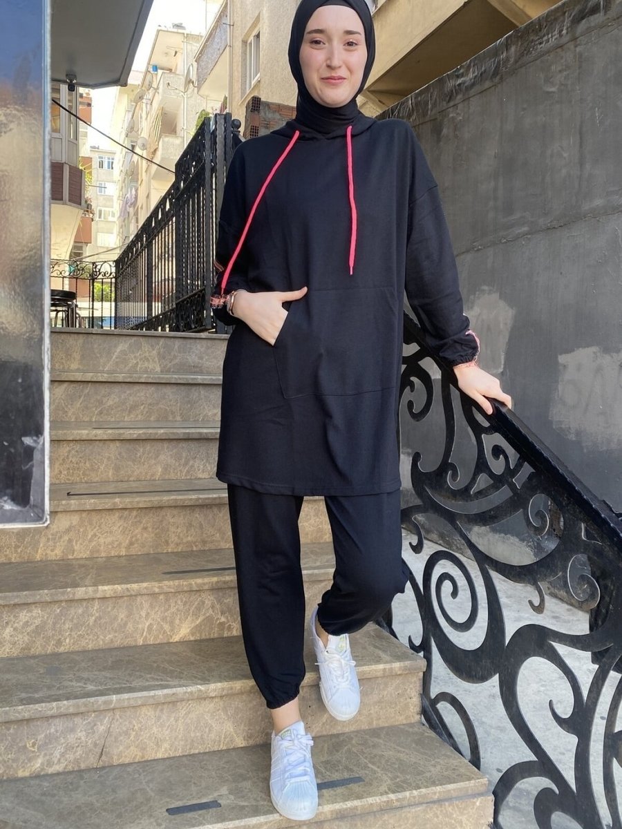 Cng Moda Siyah Pembe Oversize Model Eşofman Takım
