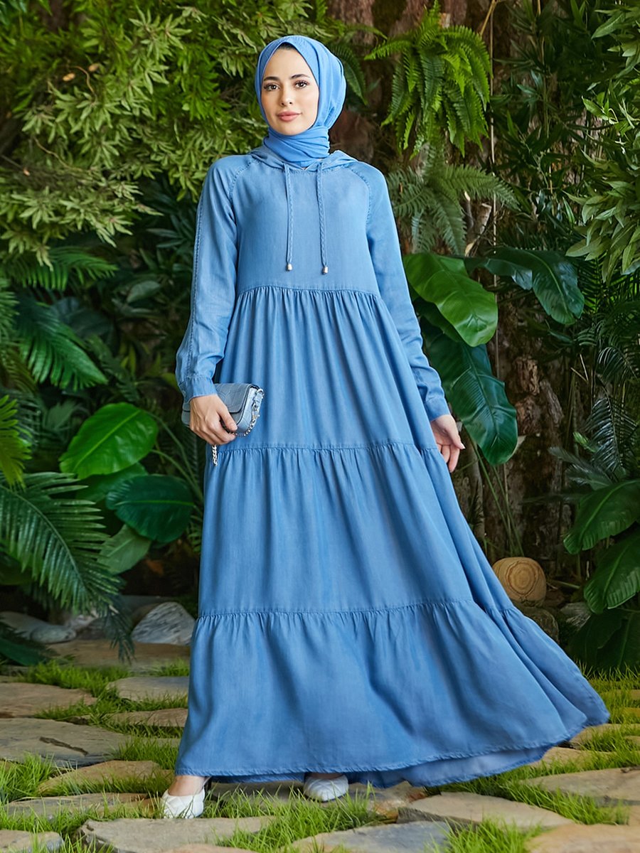 Neways Mavi Kapüşonlu Tensel Kumaş Elbise