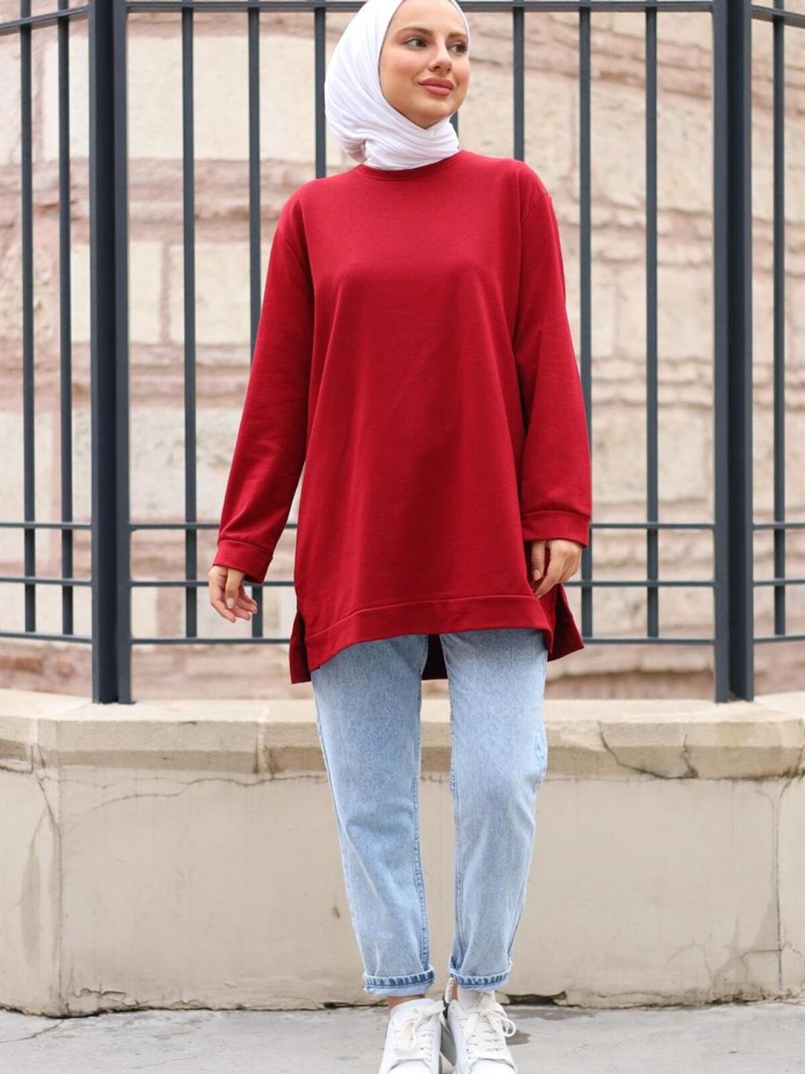 meqlife Bordo Yırtmaçlı Yuvarlak Yaka Sweatshirt