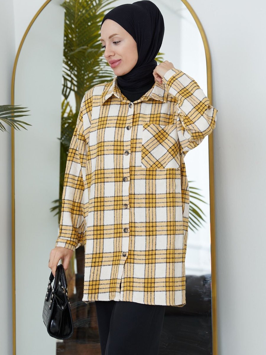Spesniks Sarı Ön Düğme Ekose Tunik