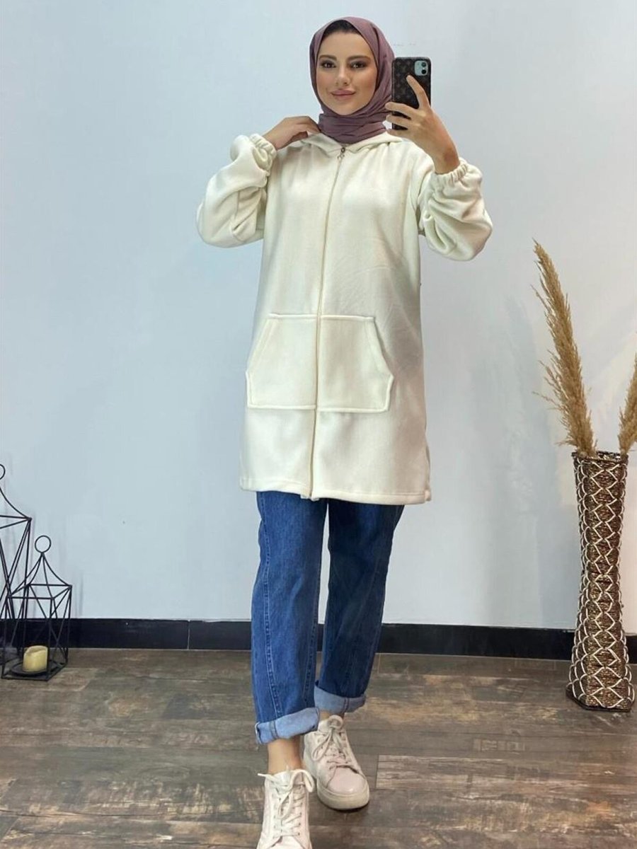 meqlife Beyaz Kapüşonlu Cepli Sweatshirt