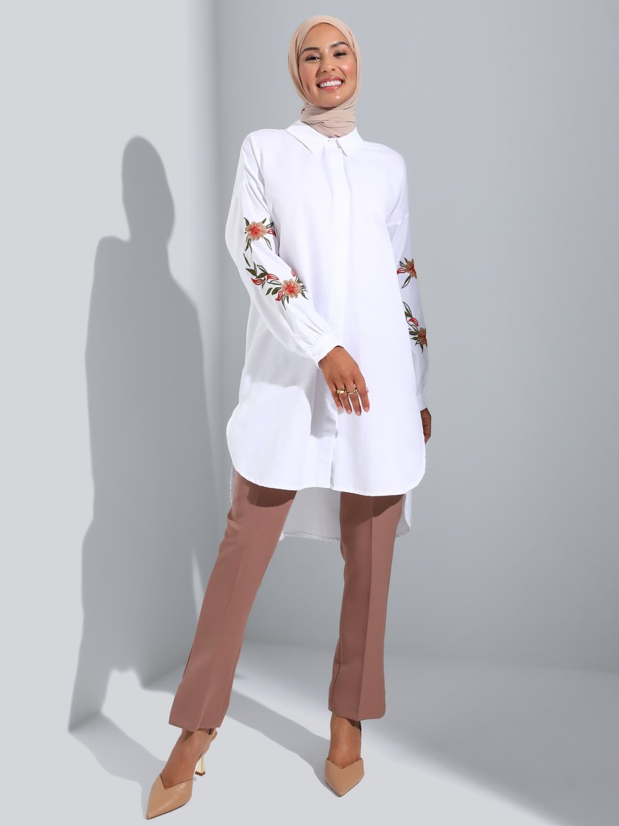 Refka Beyaz Kolları Nakışlı Poplin Tunik