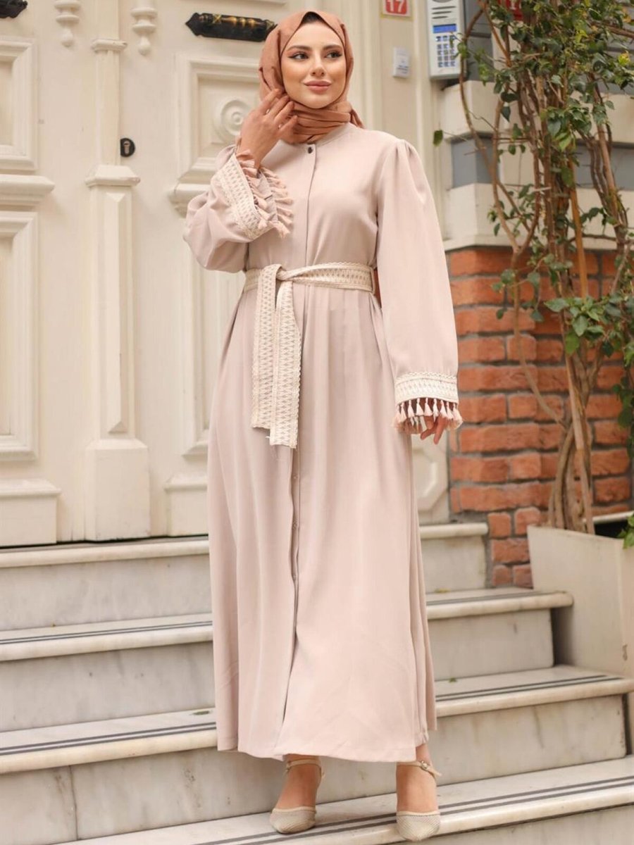 meqlife Bej Perla İşleme Detaylı Abaya