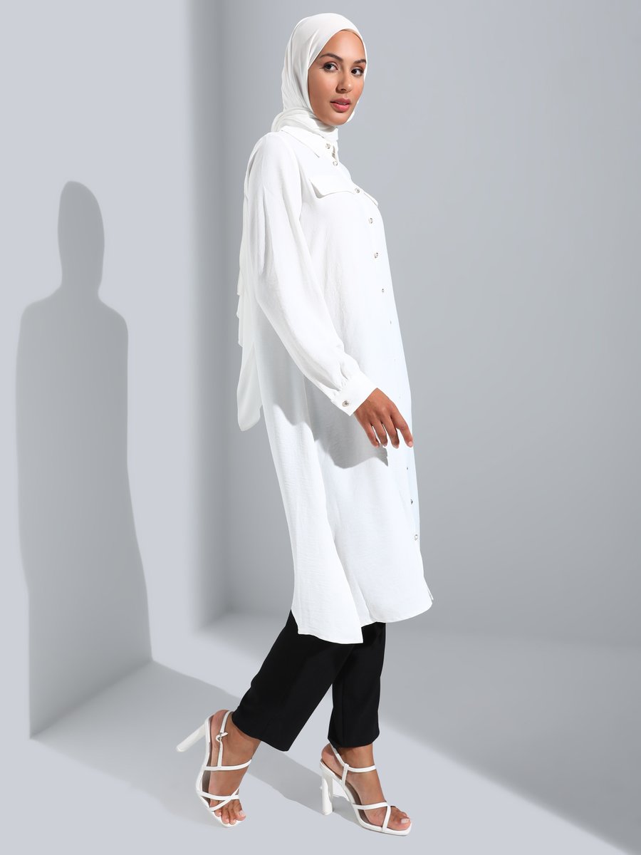 Refka Off White Boydan Düğmeli Uzun Aerobin Tunik