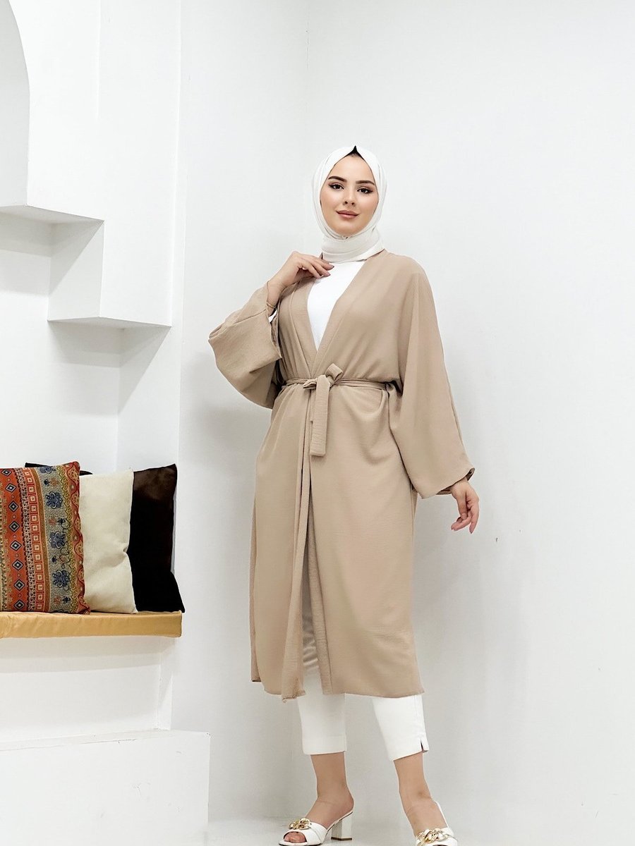 Cng Moda Bej Kuşaklı Aerobin Geniş Kollu Oversize Uzun Kimono