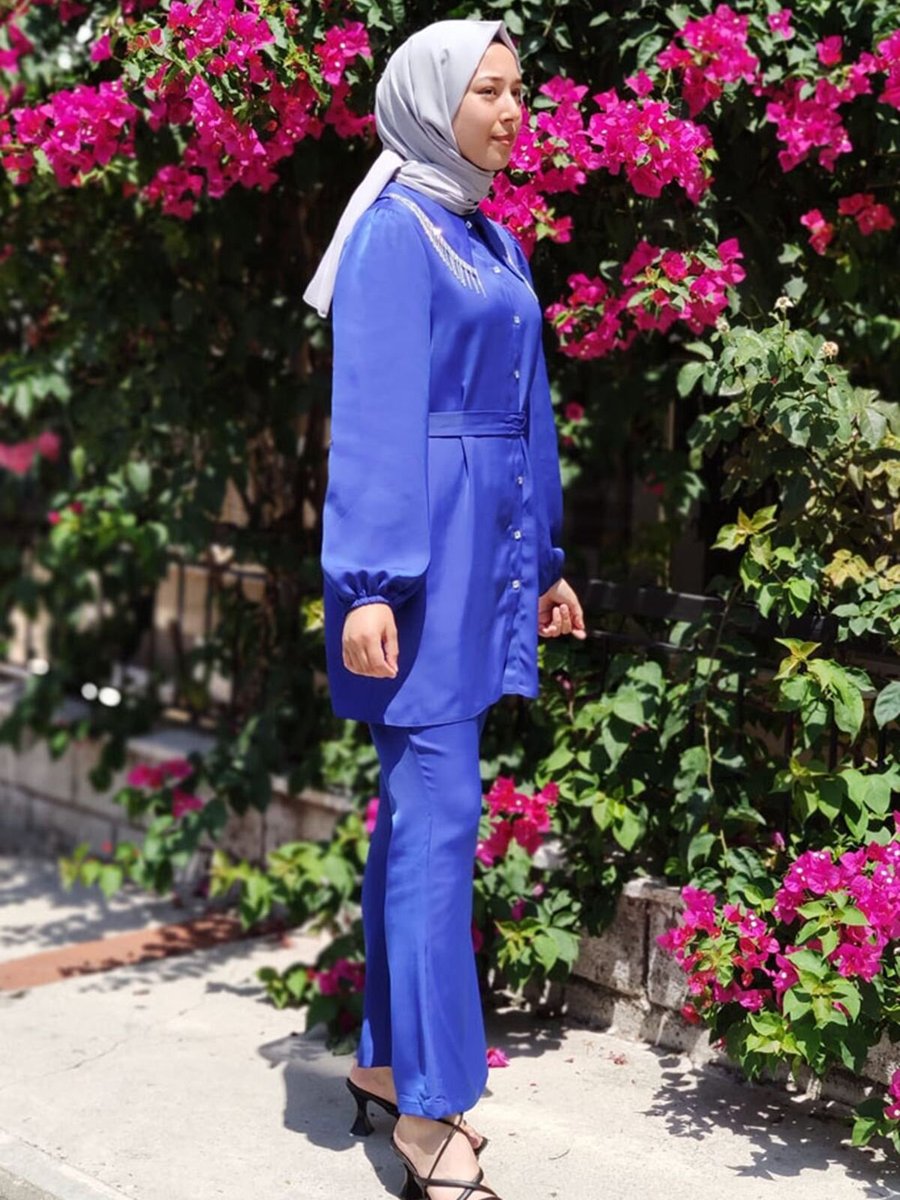 Moda Rosa Saks Jolie Taşlı Saten Takım