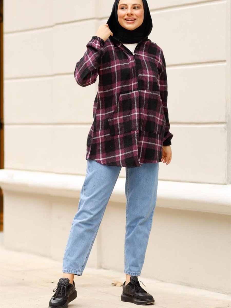 meqlife Bordo Kapüşonlu Oduncu Polar Sweatshirt