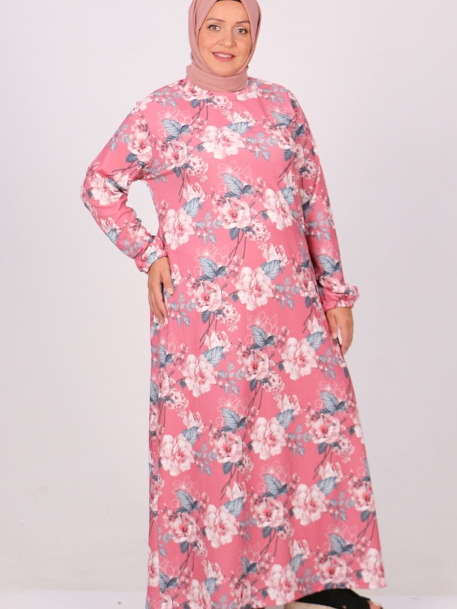 Moda Rosa Kelebek Desen Büyük Beden Bürümcük Elbise