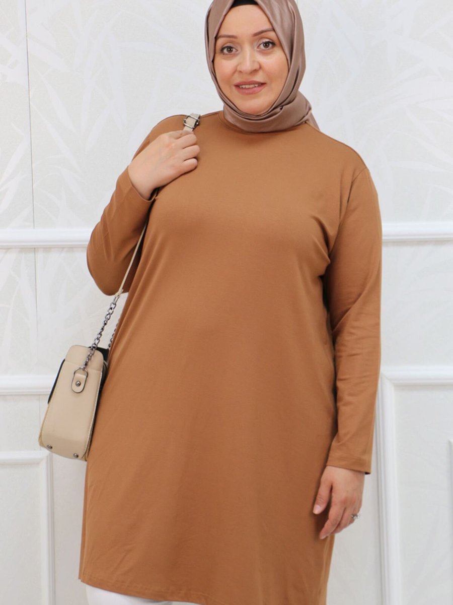 Moda Rosa Kahverengi Büyük Beden Basic Penye Tunik