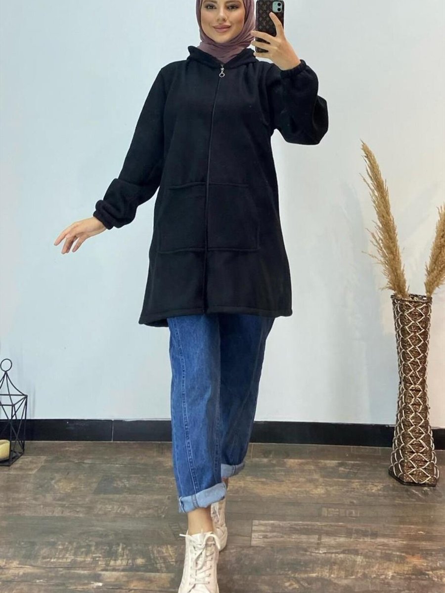 meqlife Siyah Kapüşonlu Cepli Sweatshirt