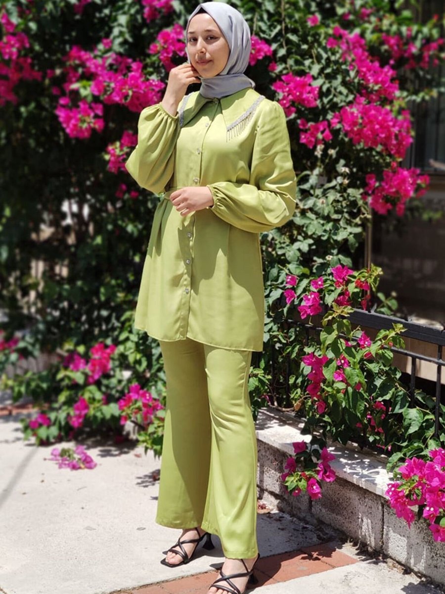Moda Rosa Yağ Yeşili Jolie Taşlı Saten Takım