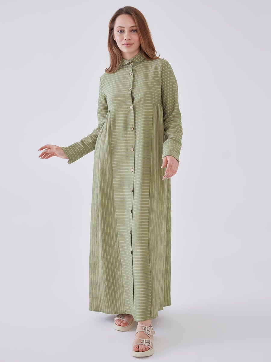 Sahra Afra Yeşil Çizgili Elbise