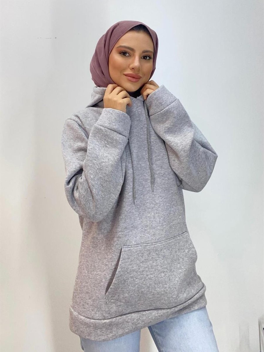 meqlife Gri Kapüşonlu Kangru Cepli Sweatshirt