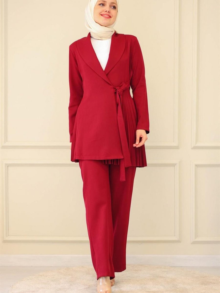 meqlife Bordo Pilise Detaylı Blazer Ceket Pantolon Takım