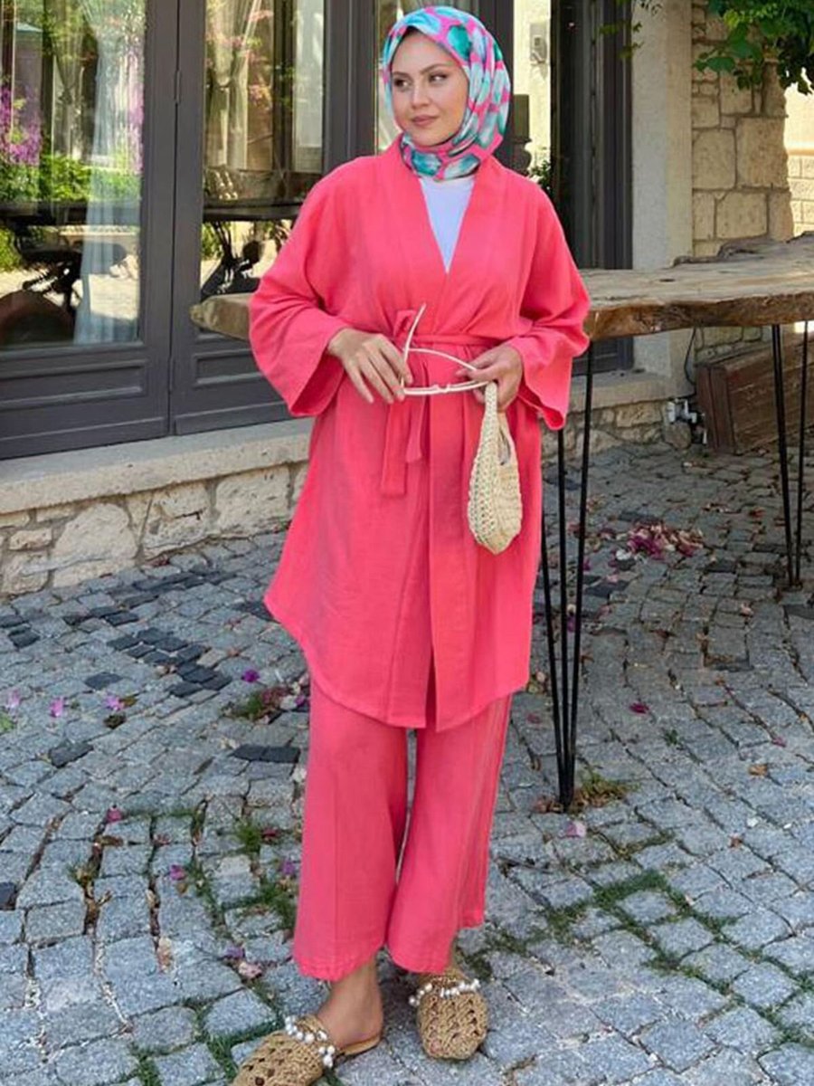 Moda Rosa Mercan Müslin Kimono Takım