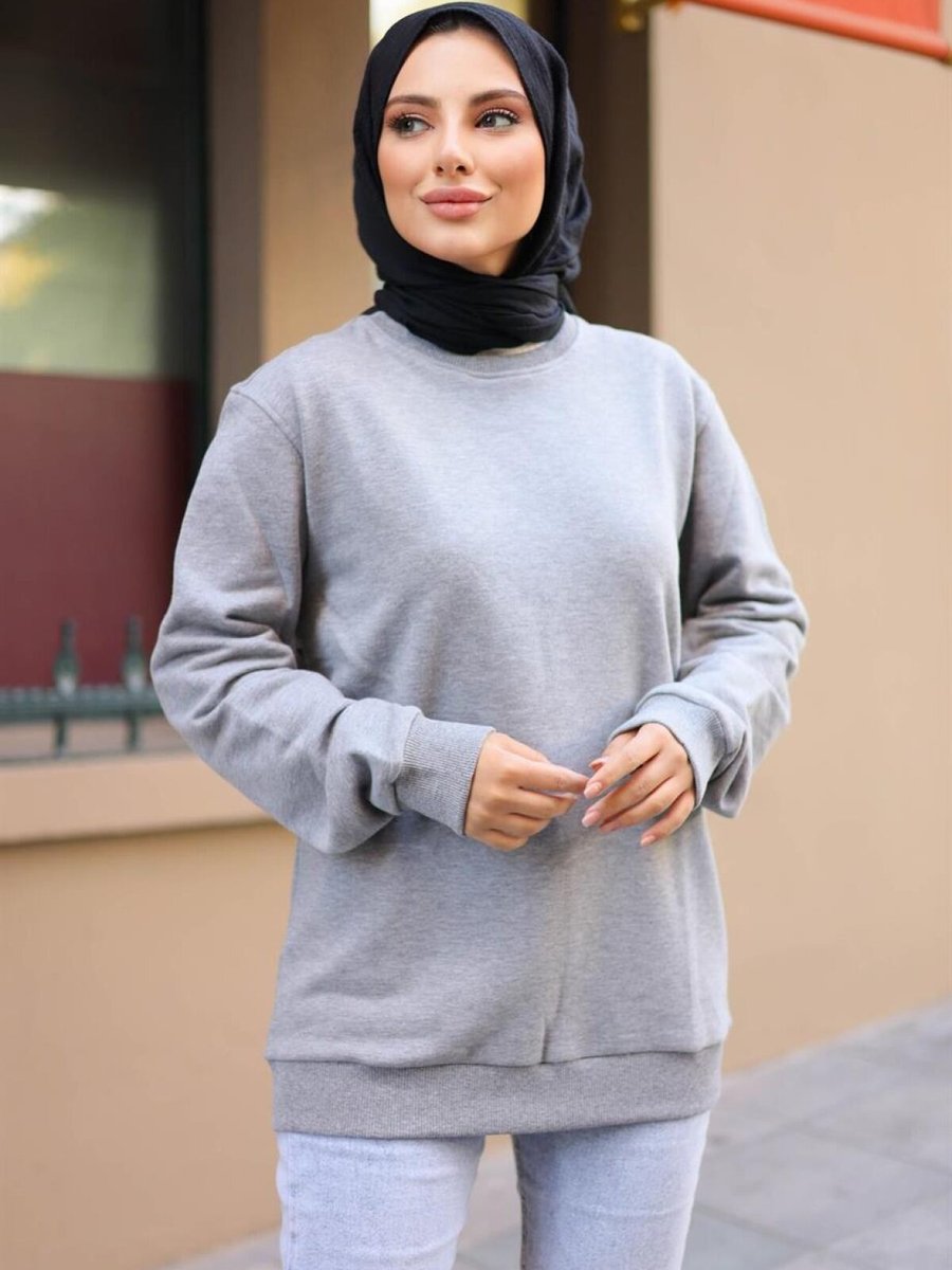 meqlife Gri Yuvarlak Yaka Sweatshirt