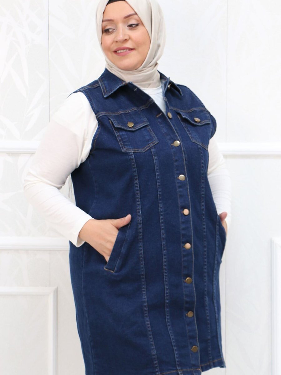 Moda Rosa Koyu Mavi Büyük Beden Düğmeli Kot Yelek