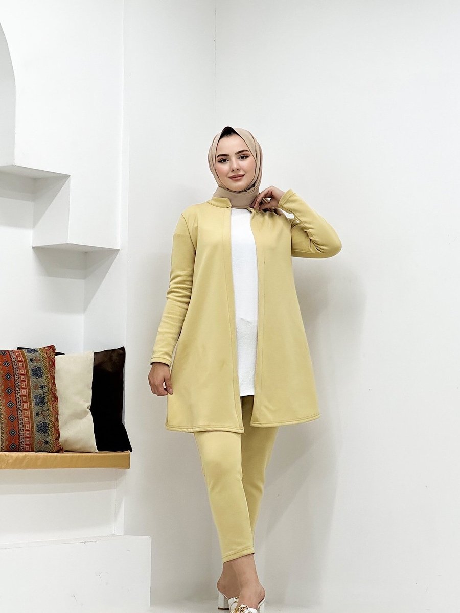 Cng Moda Hardal Sarısı Scuba Ceketli Pantolonlu Takım