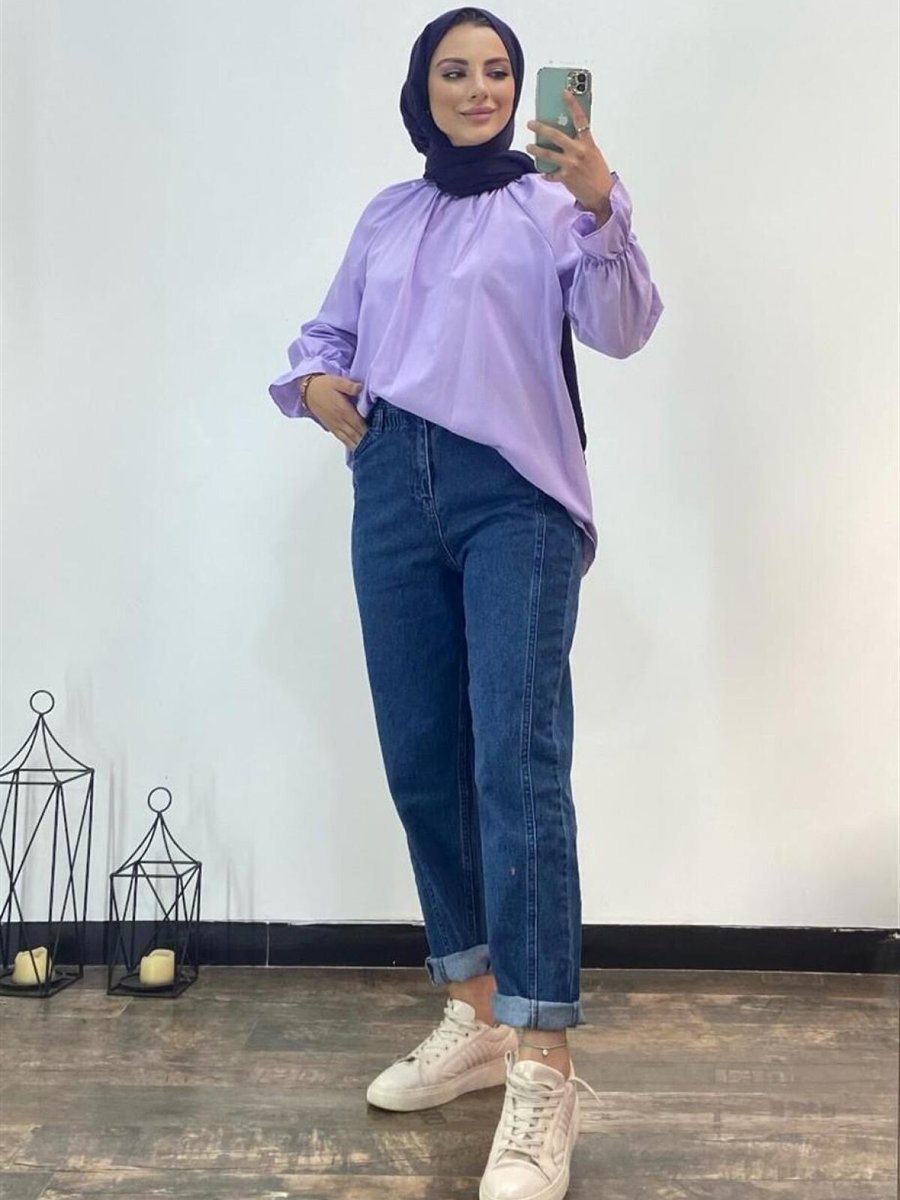 meqlife Lacivert Beli Lastikli Yüksek Bel Straight Jean