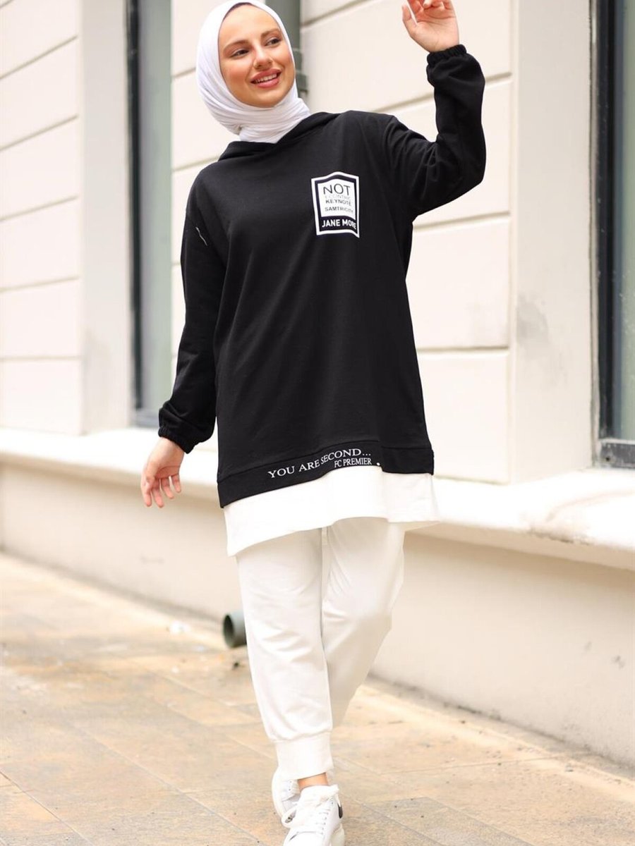 meqlife Siyah Baskılı Kapüşonlu Sweatshirt