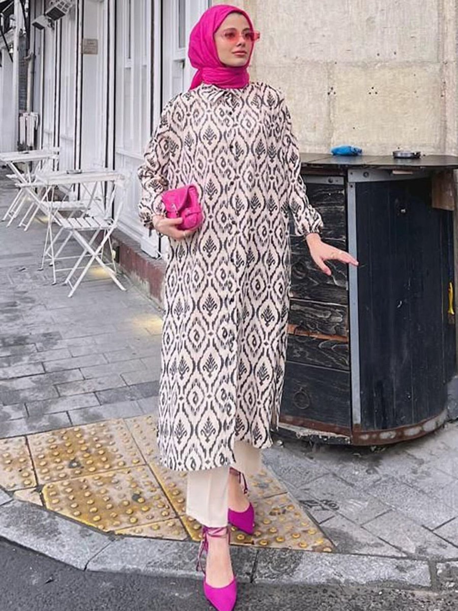 Moda Rosa Siyah Etnik Desen Tunik