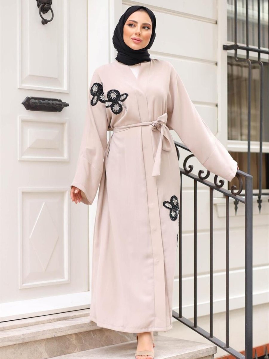 meqlife Bej Kelebek İşlemeli Abaya