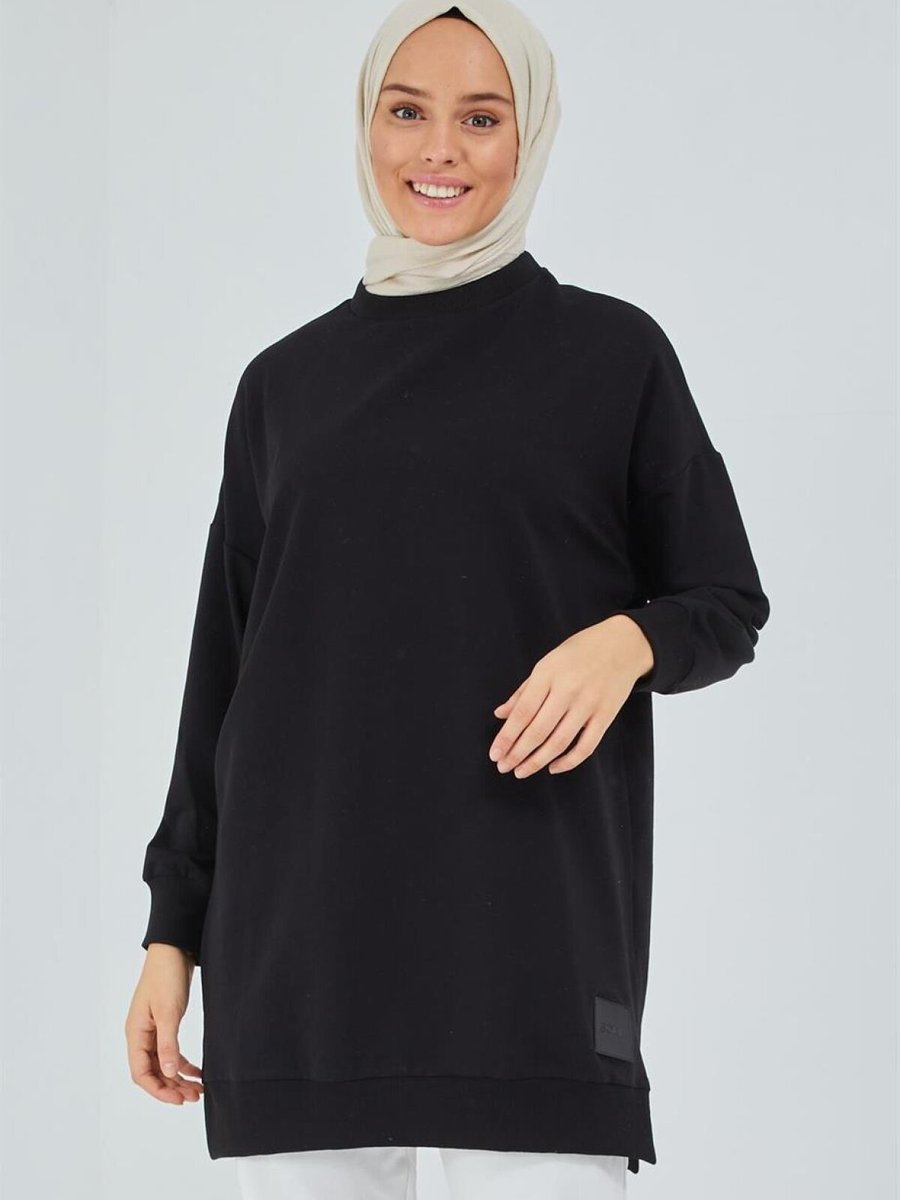 meqlife Siyah Yırtmaçlı Düz Renk Sweatshirt