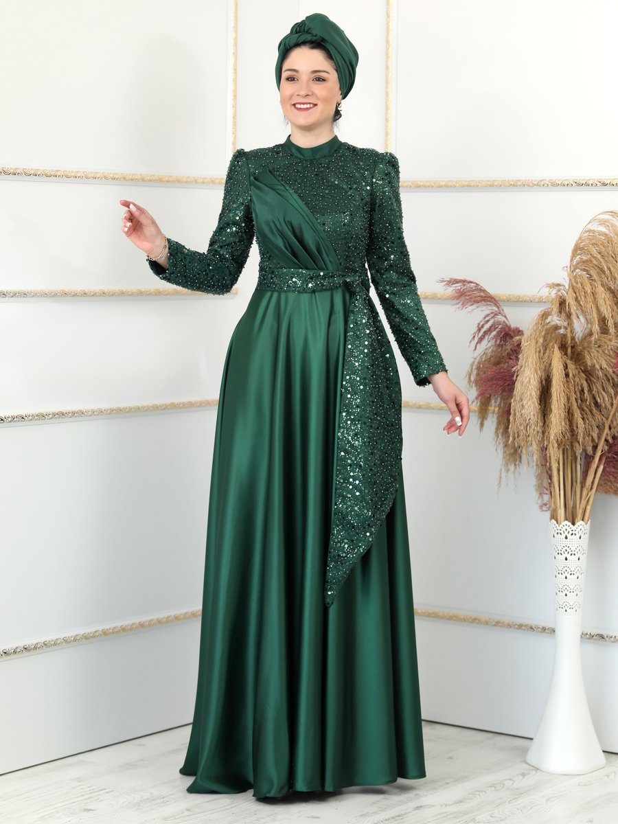Burak Baran Fashion Yeşil Mina Abiye Elbise