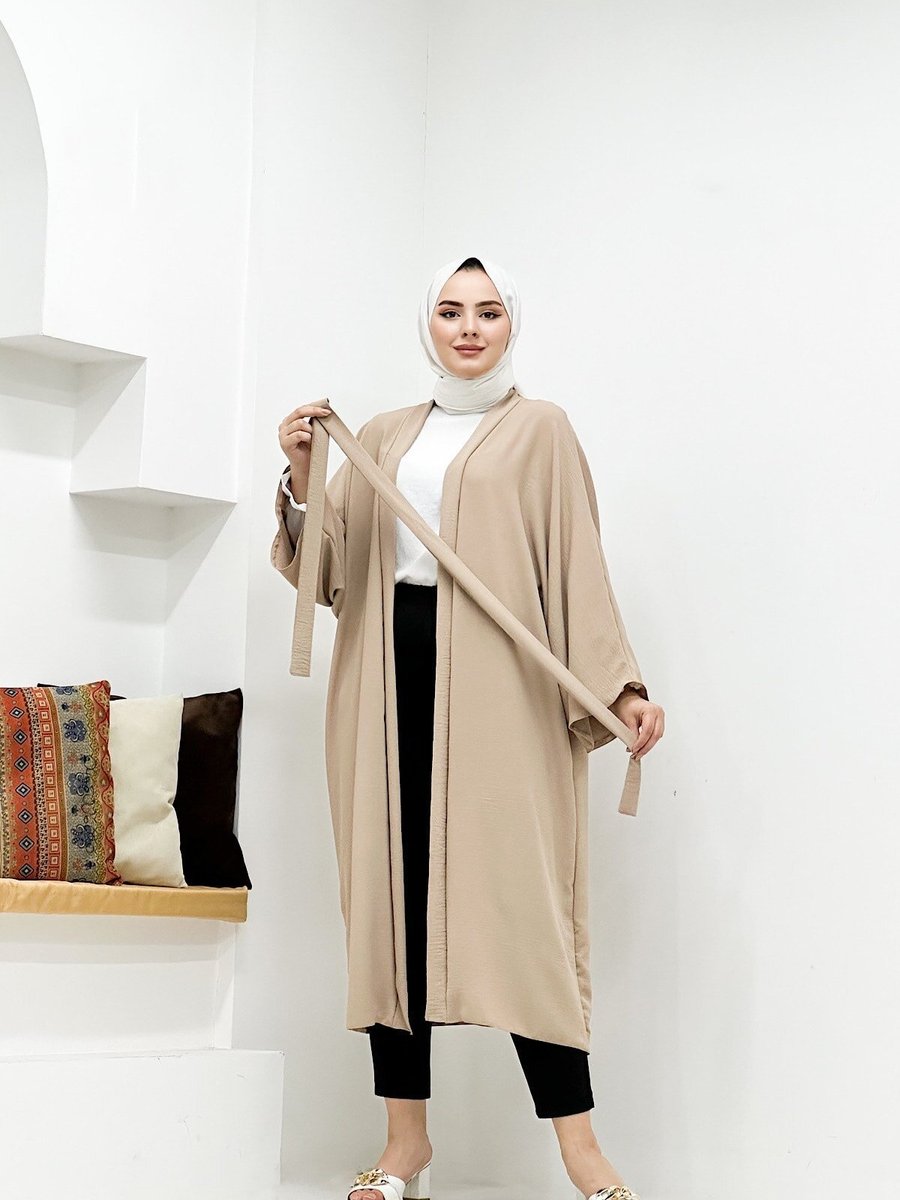 Cng Moda Bej Büyük Beden Kuşaklı Aerbin Uzun Kimono