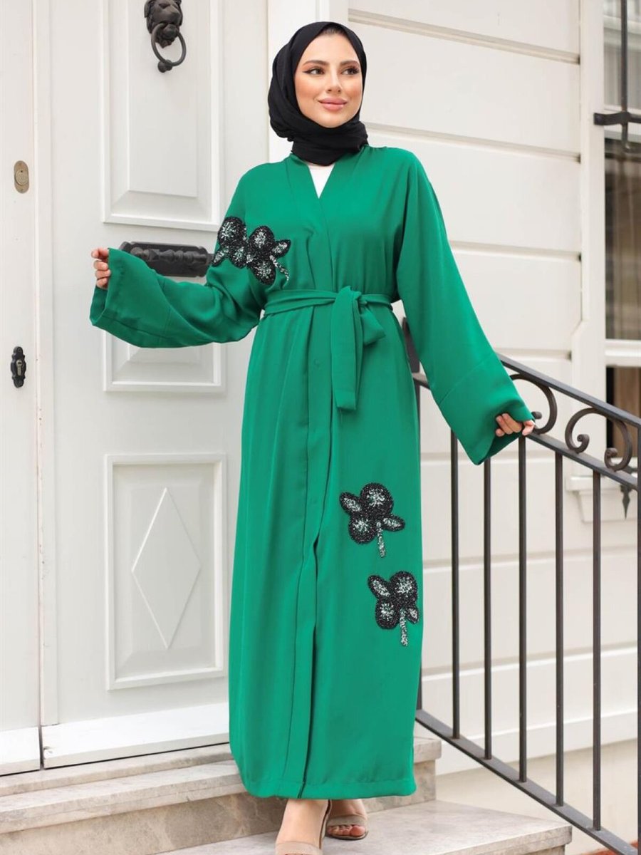 meqlife Yeşil Kelebek İşlemeli Abaya