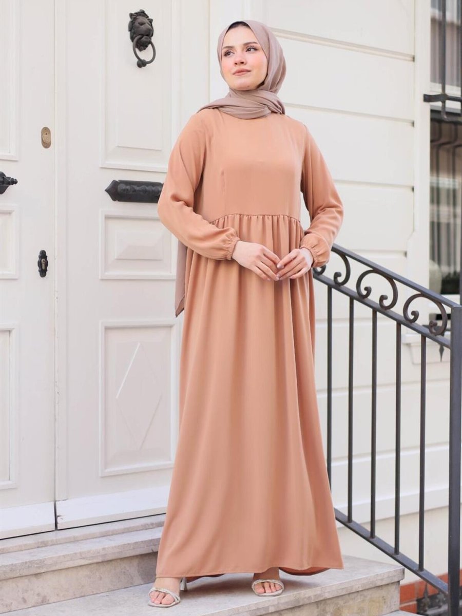 meqlife Camel Robalı Büzgülü Krep Kumaş Ferace