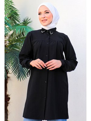 Tesettür Dünyası Siyah Yakası Taş Detaylı Tunik