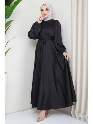 İmaj Butik Siyah Büyük Beden Ön Detaylı Saten Abiye