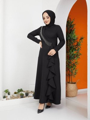 Akra Moda Siyah Zincir Detaylı Fırfırlı Abiye Elbise