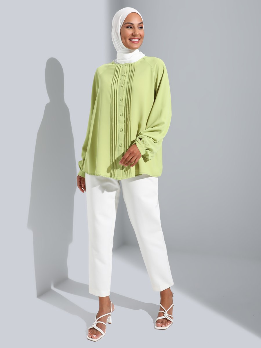 Refka Fıstık Yeşili Nervürlü Saten Bluz