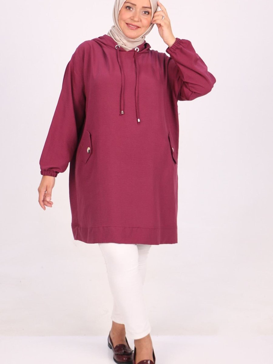 Moda Rosa Koyu Gül Büyük Beden Kapüşonlu Mucize Tunik