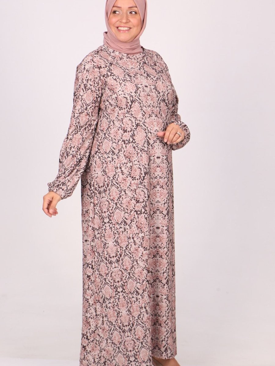 Moda Rosa Desenli Pudra Büyük Beden Bürümcük Elbise