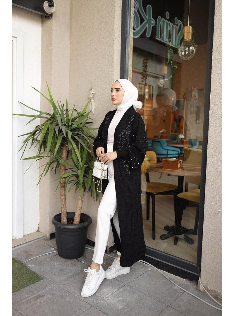 Burcu Fashion Siyah Taş Ve İnci Detaylı Triko Hırka