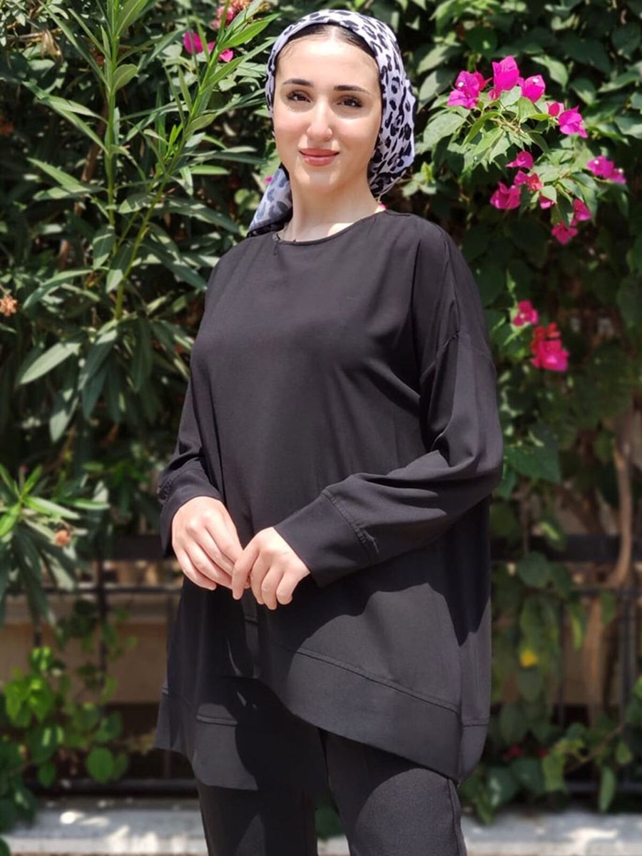 Moda Rosa Siyah Asimetrik Aerobin Tunik