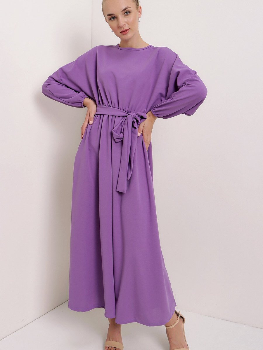 Butik Buruç Lila Kuşaklı Ayrobin Elbise