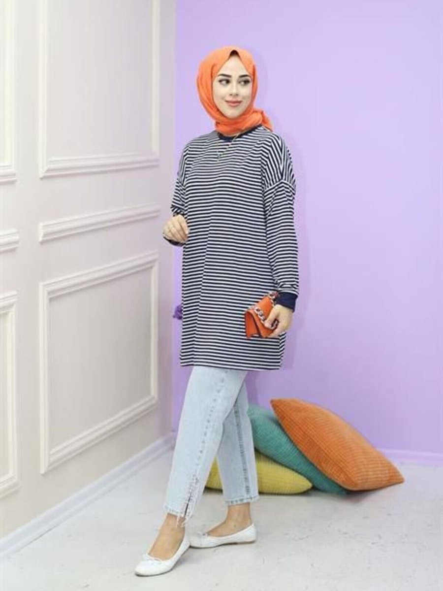Cng Moda Lacivert Beyaz Çizgi Detaylı Tunik