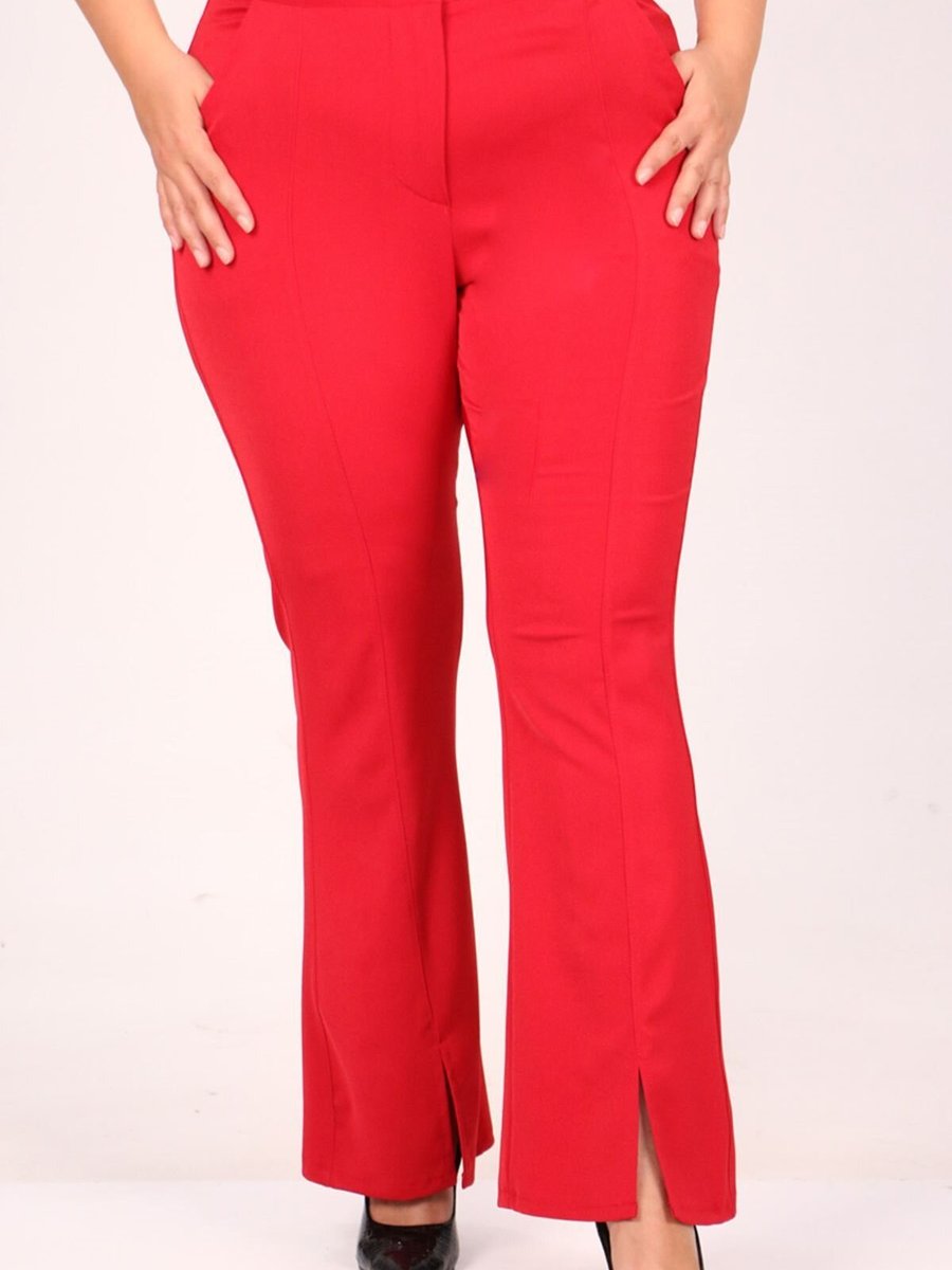 Moda Rosa Kırmızı Büyük Beden Önü Yırtmaçlı İspanyol Pantolon