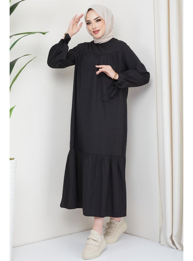 Hafsa Mina Siyah Robalı Kol Ucu Bağlamalı Elbise
