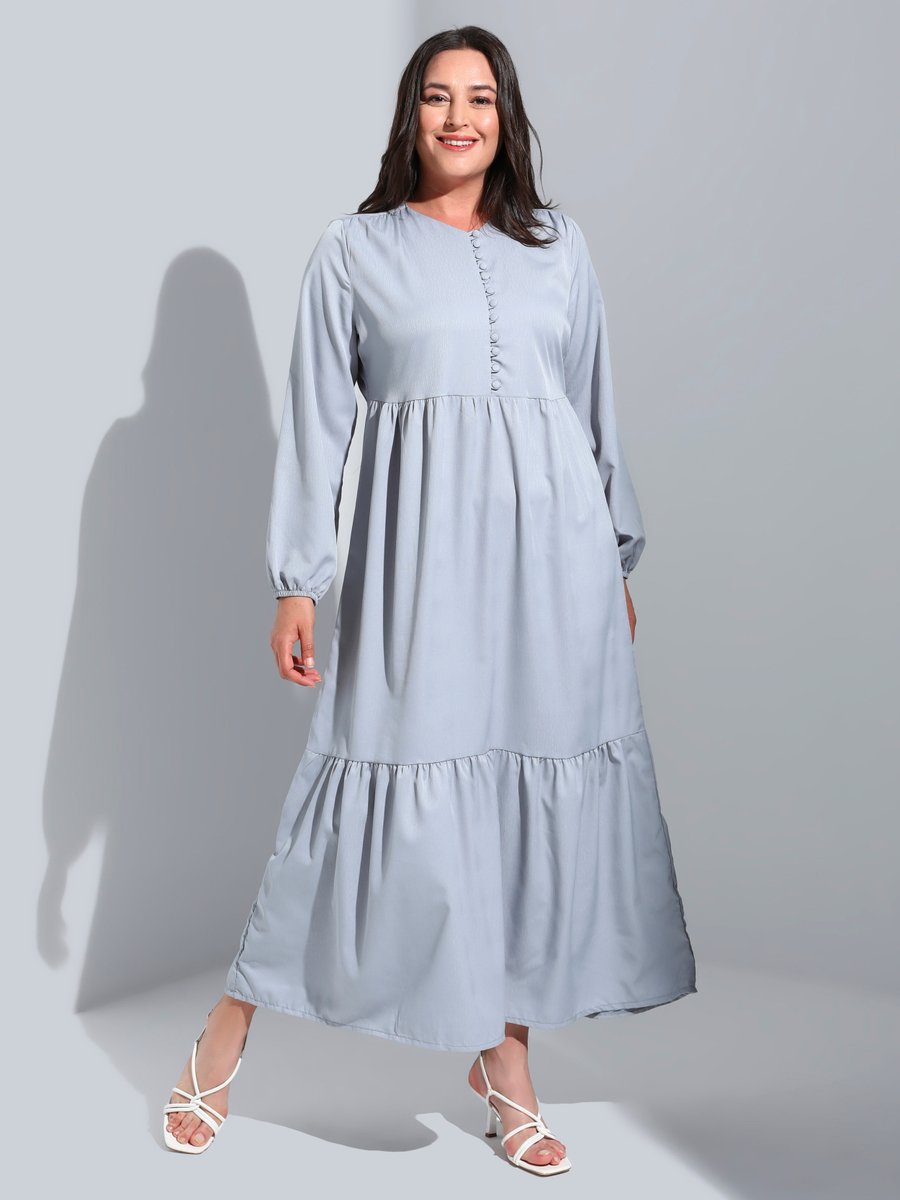 Alia Gri Mavi Büyük Beden Brit Düğme Detaylı Elbise