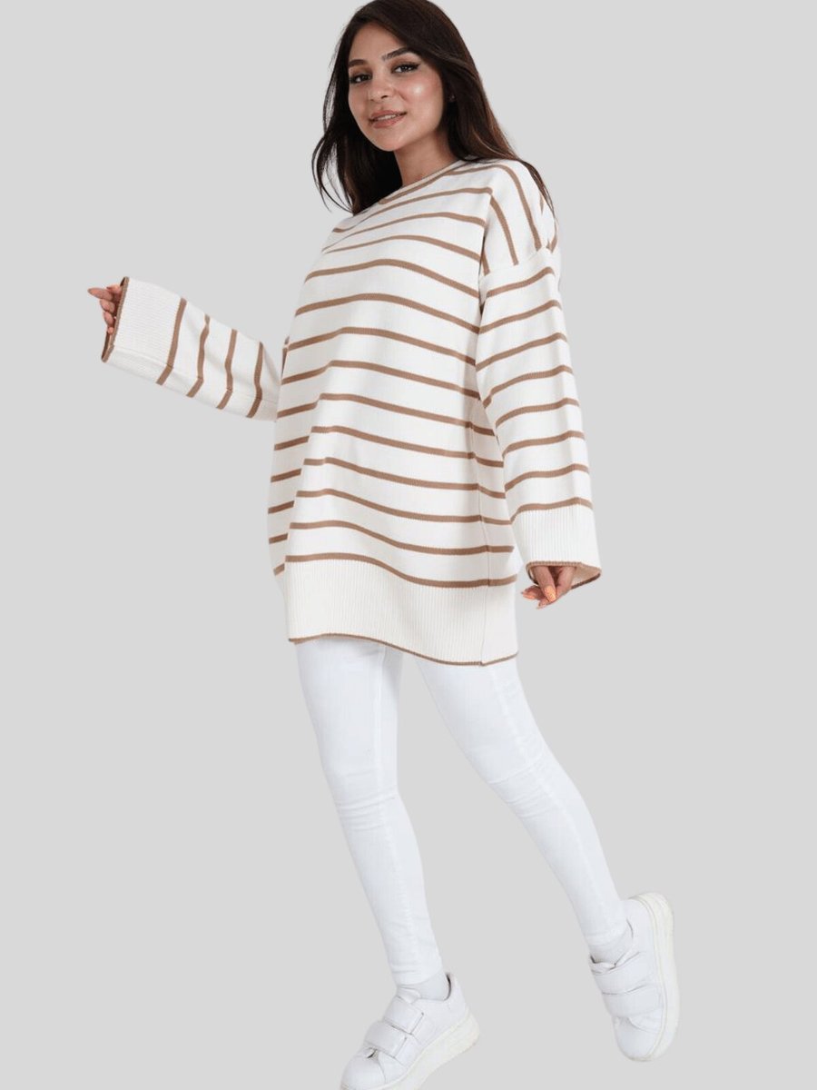 Butik Buruç Camel Çizgili Bisiklet Yaka Triko Tunik