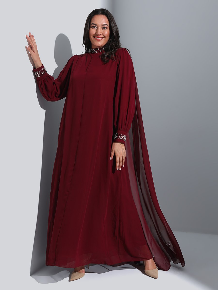 Alia Bordo Büyük Beden Pelerin Detaylı Şifon Abiye Elbise