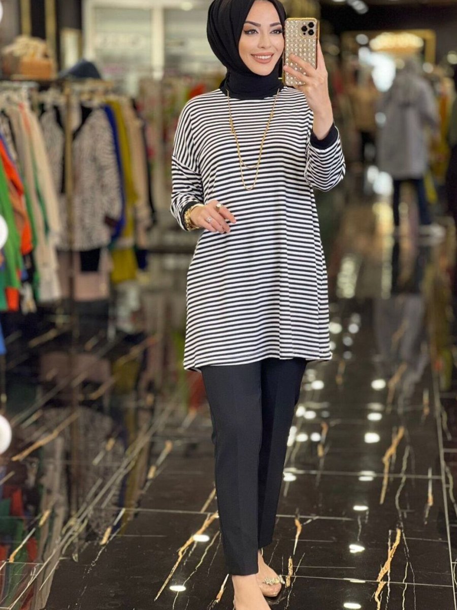 Cng Moda Siyah Beyaz Çizgi Detaylı Tunik